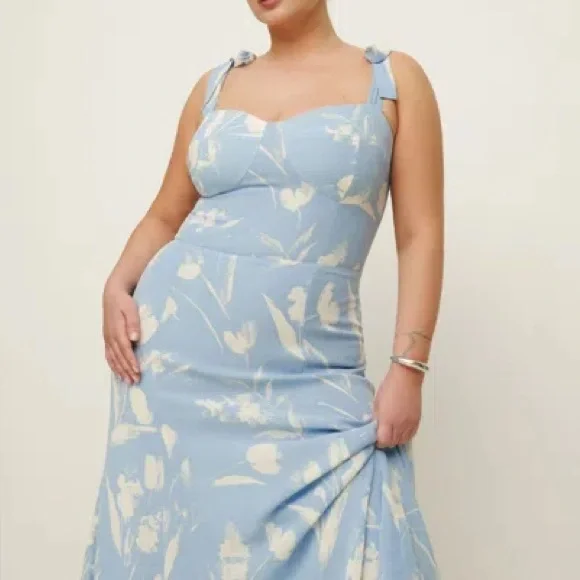 blue and white floral reformation dress Orchid Blues Midi Dress – Black Orange Boutique main image 1